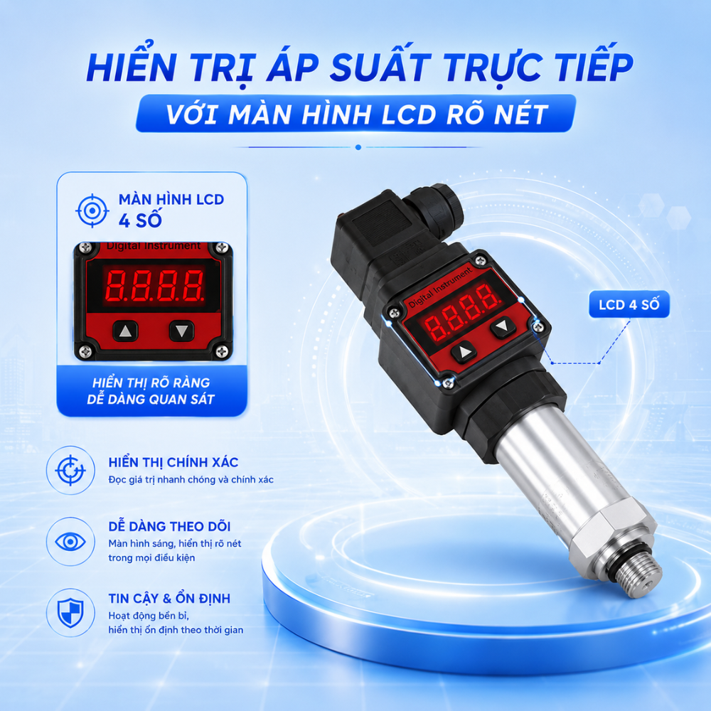 Hiển trị áp suất trực tiếp với màn hình LCD rõ nét