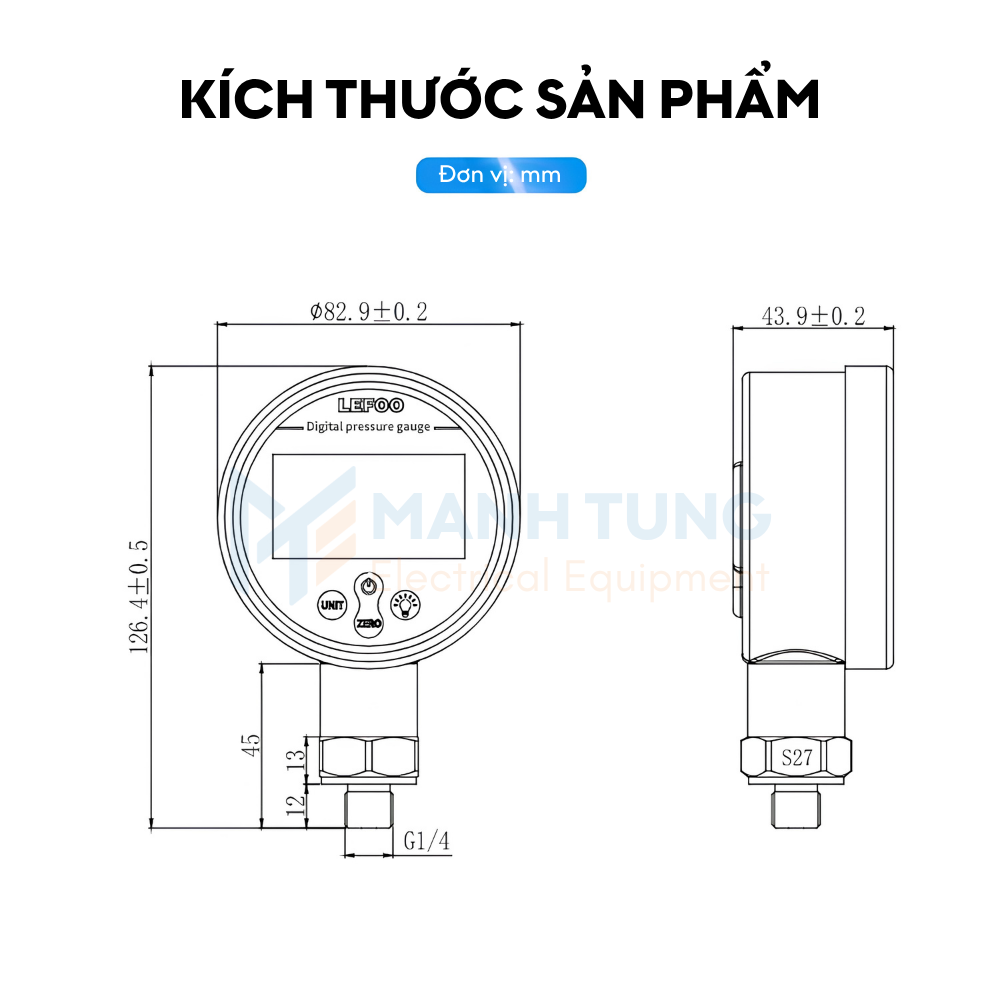 Kích thước Đồng hồ áp suất kỹ thuật số chạy pin LFT6100