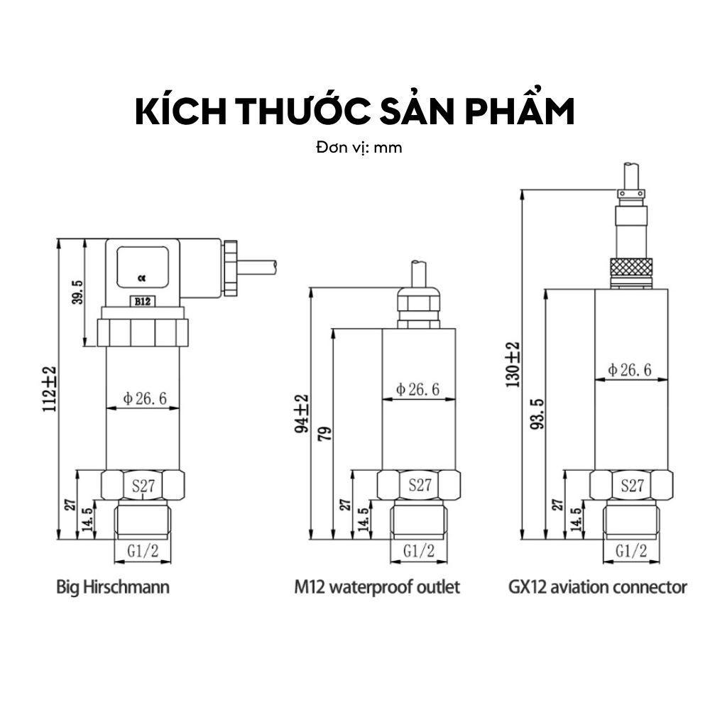 Kích thước cảm biến áp suất màng phẳng LFT2700