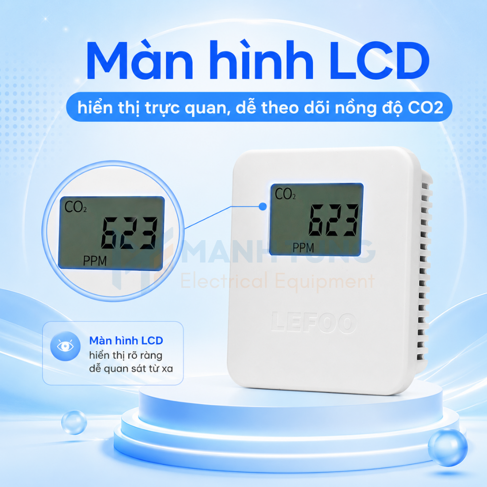 Màn hình LCD hiển thị trực quan, dễ theo dõi nồng độ CO2