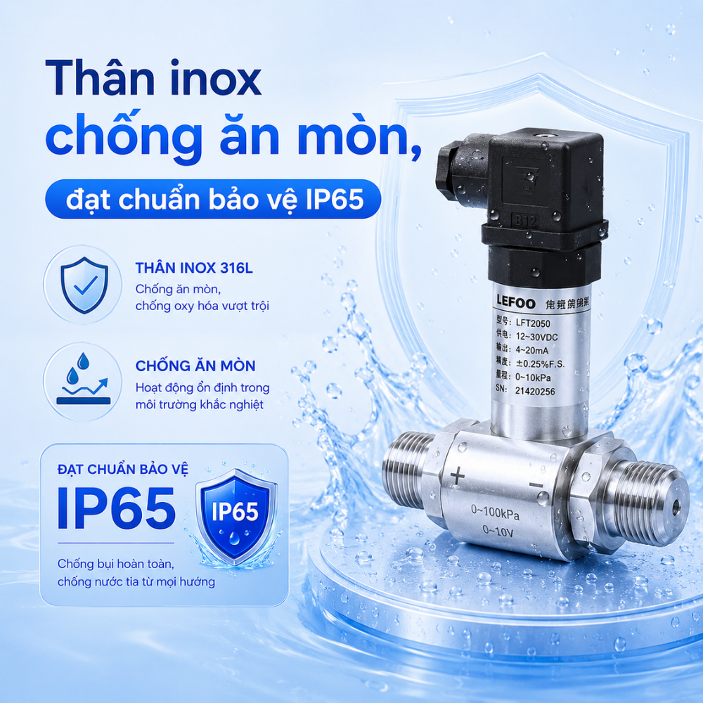 Thân inox chống ăn mòn, đạt chuẩn bảo vệ IP65