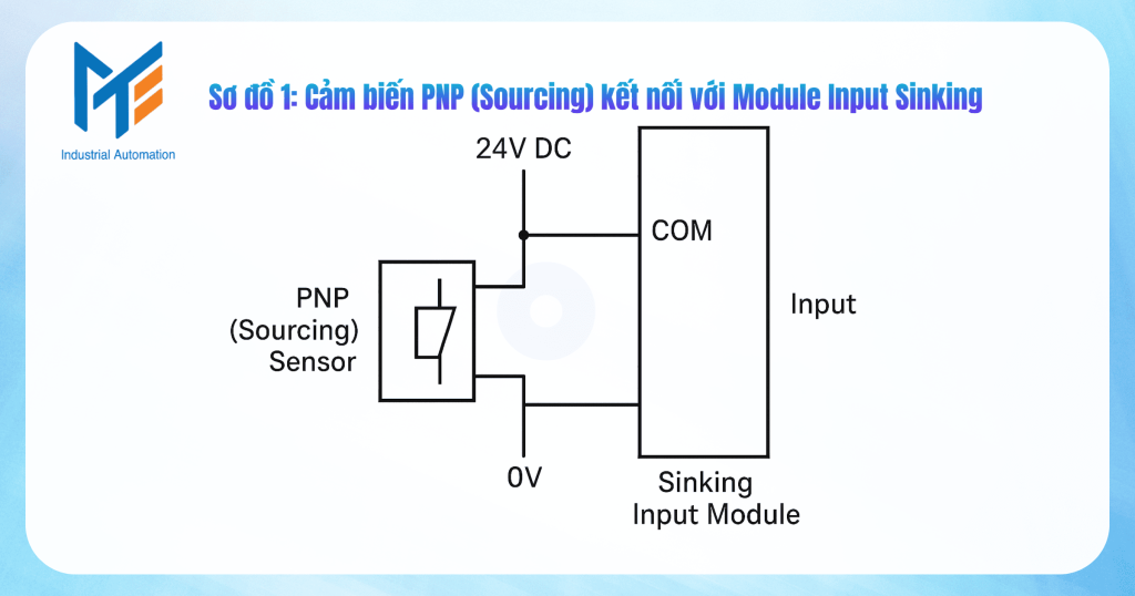 Sơ đồ 1: Cảm biến PNP (Sourcing) kết nối với Module Input Sinking