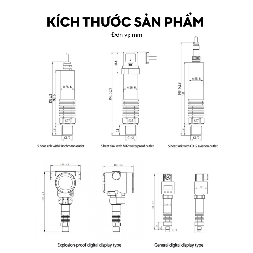 Kích thước Cảm biến áp suất chịu nhiệt độ cao LFT2030
