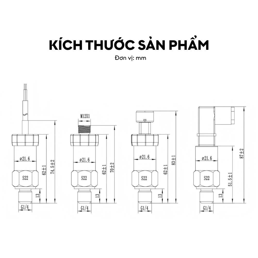 Kích thước Cảm biến áp suất tiêu chuẩn LFT2100