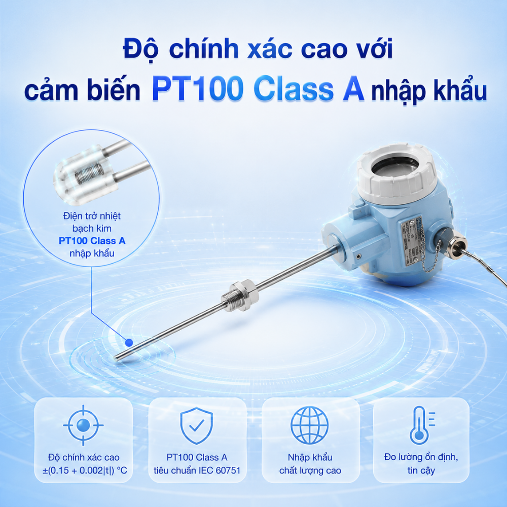 Độ chính xác cao với cảm biến PT100 Class A nhập khẩu