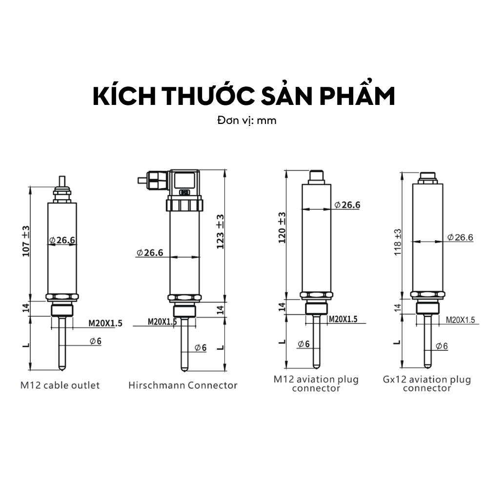 Kích thước Cảm biến áp suất và nhiệt độ LFT3300