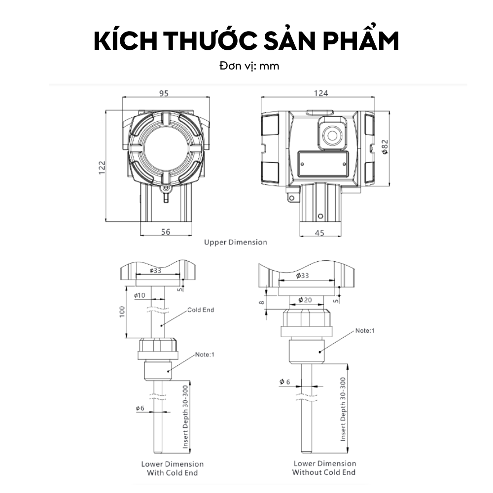 Kích thước Cảm biến nhiệt độ chống cháy nổ LFW70