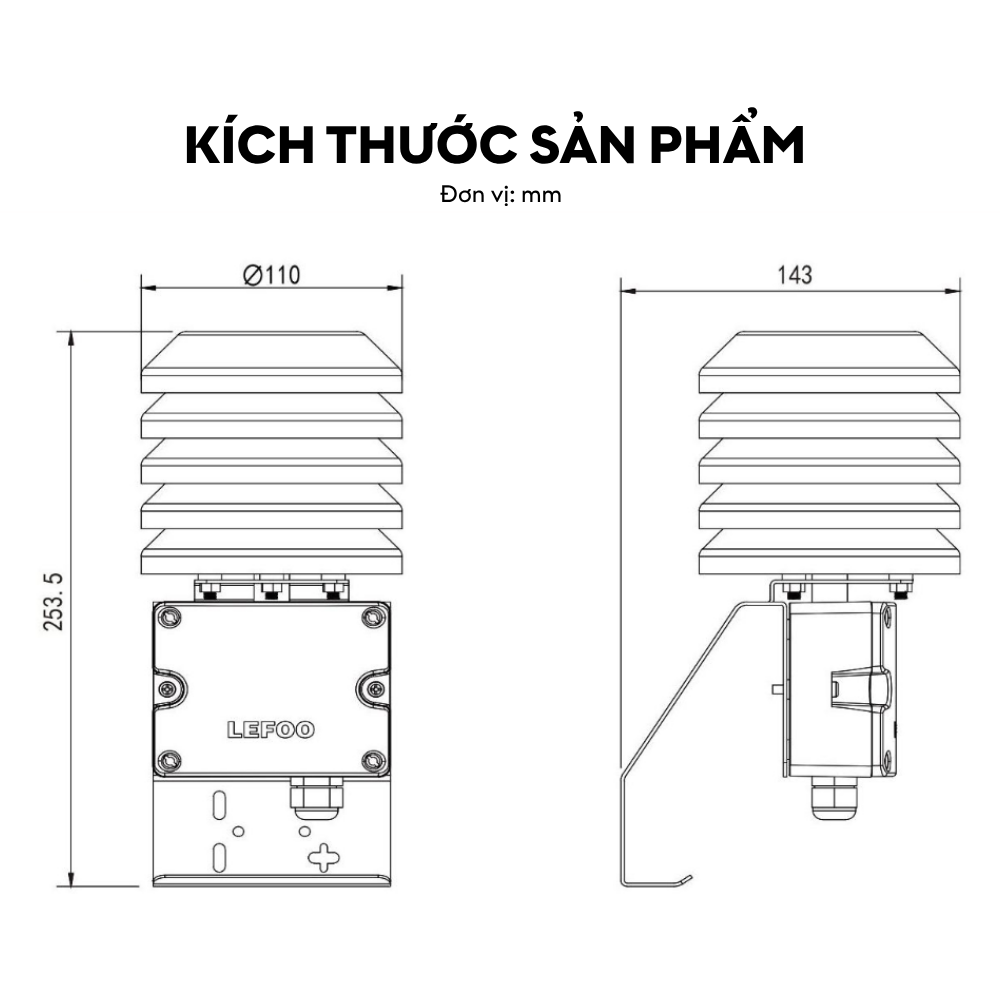Kích thước Cảm biến nhiệt độ độ ẩm ngoài trời LFH52