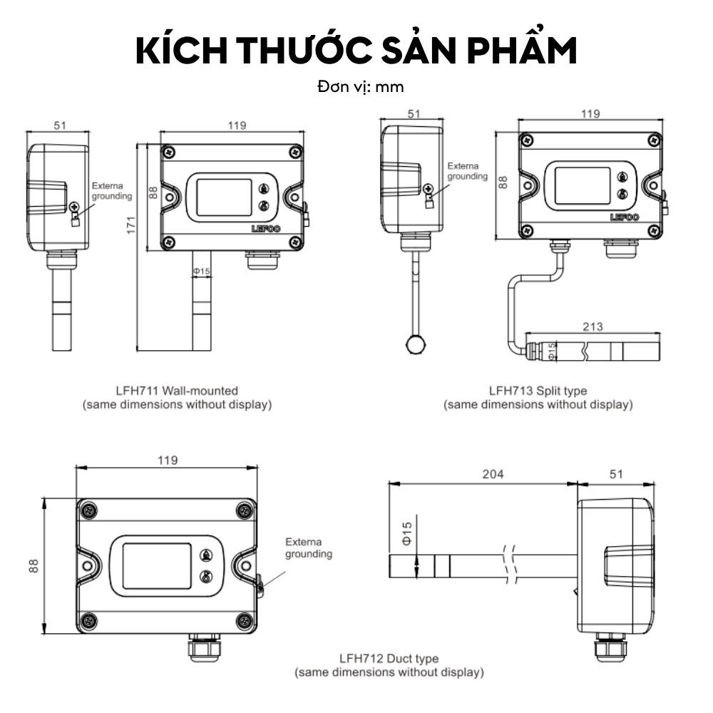 Kích thước Cảm biến nhiệt độ và độ ẩm LFH71