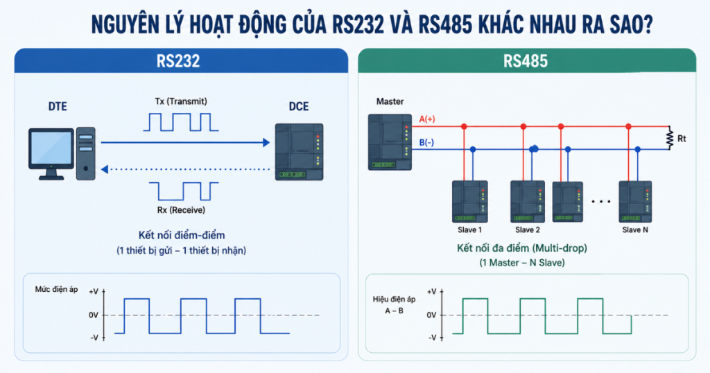 Nguyên lý hoạt động của RS232 và RS485 khác nhau ra sao