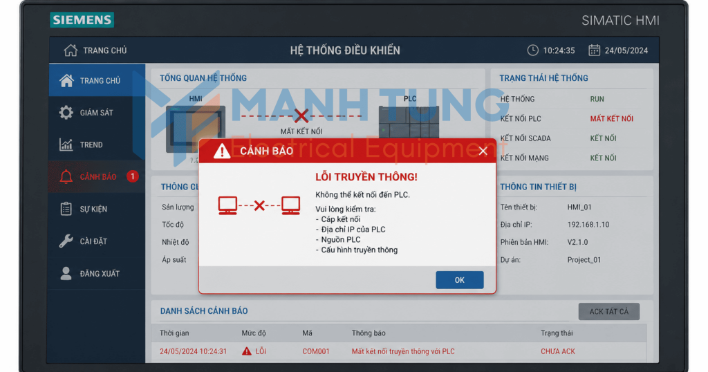 HMI phát sinh cảnh báo truyền thông